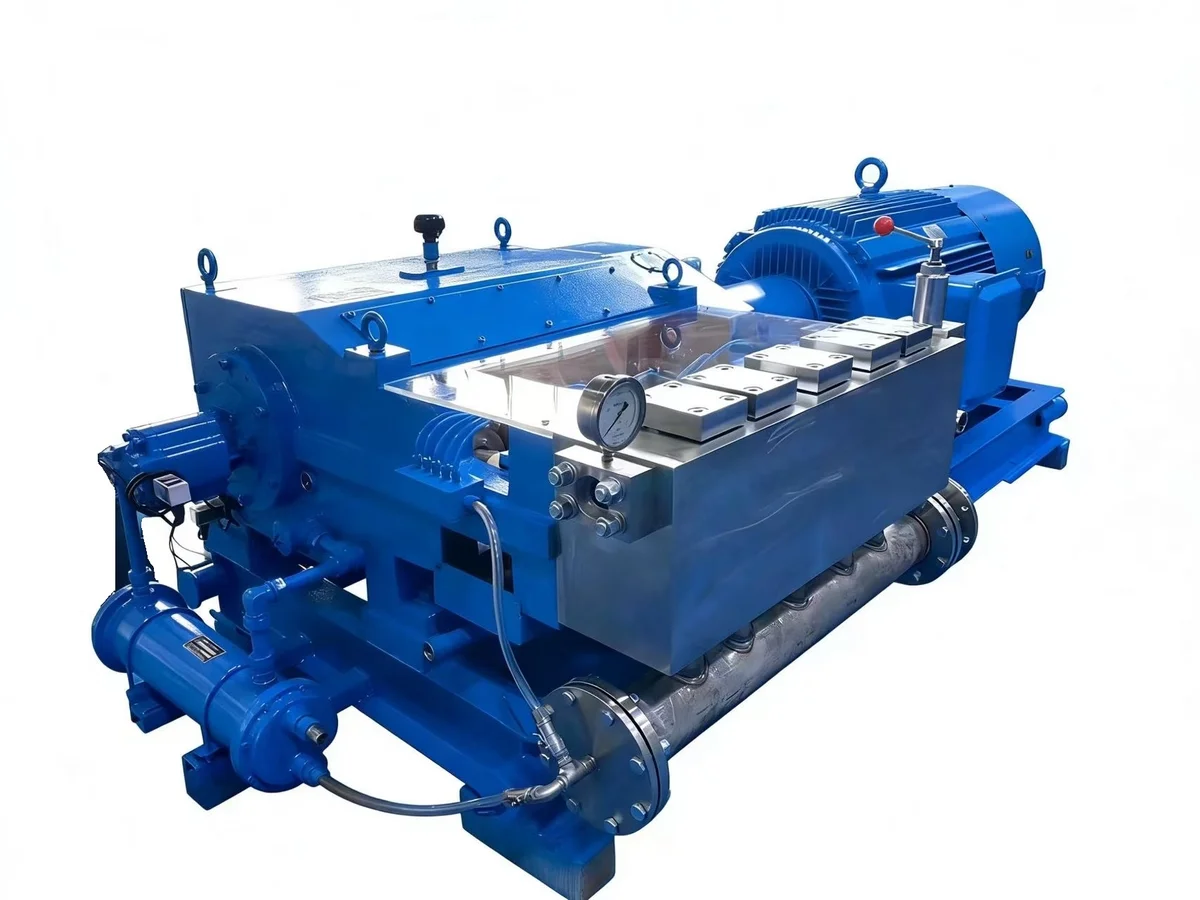 Blue plunger pump, electric motor and stainless-steel fluid end in a supplied equipment photograph