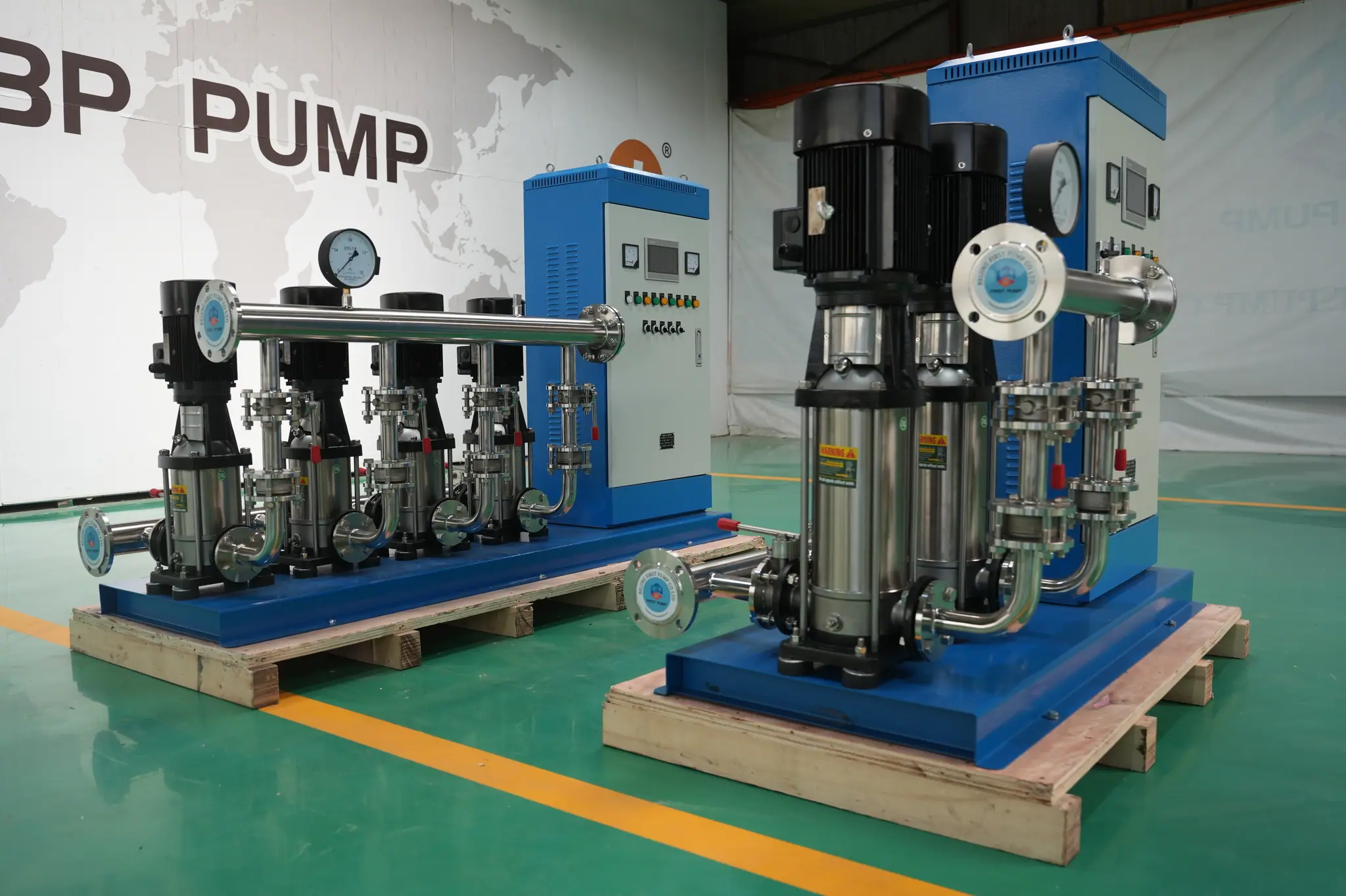 Vertical multistage pump sets with piping and control panels