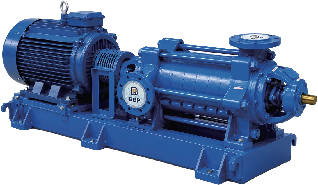 Supplied BBP brochure photograph of the QD horizontal multistage pump and motor assembly.
