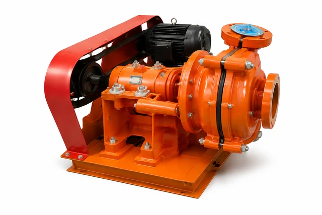 Illustrative orange horizontal slurry pump and belt-driven motor set