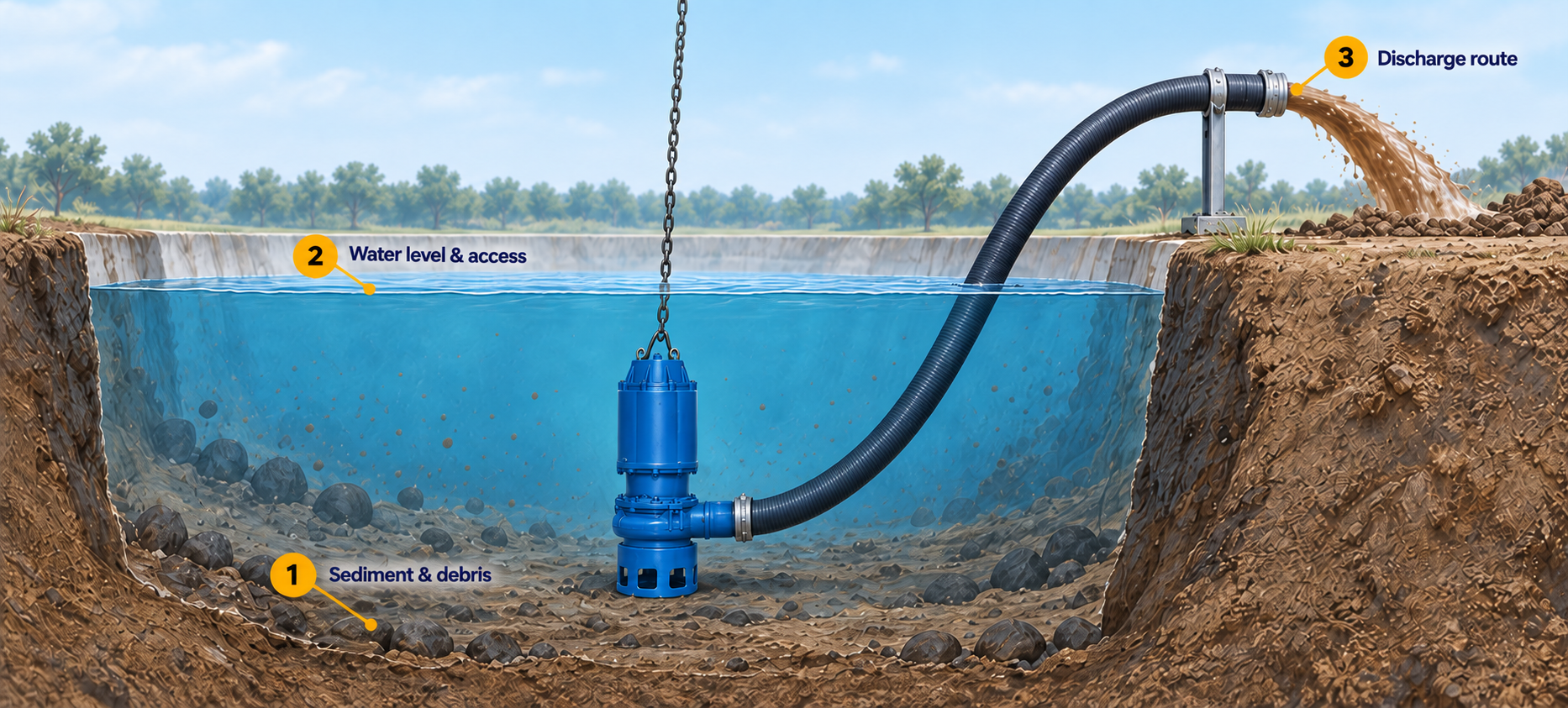 Application illustration: submerged slurry pump, sediment, changing water level and discharge hose.