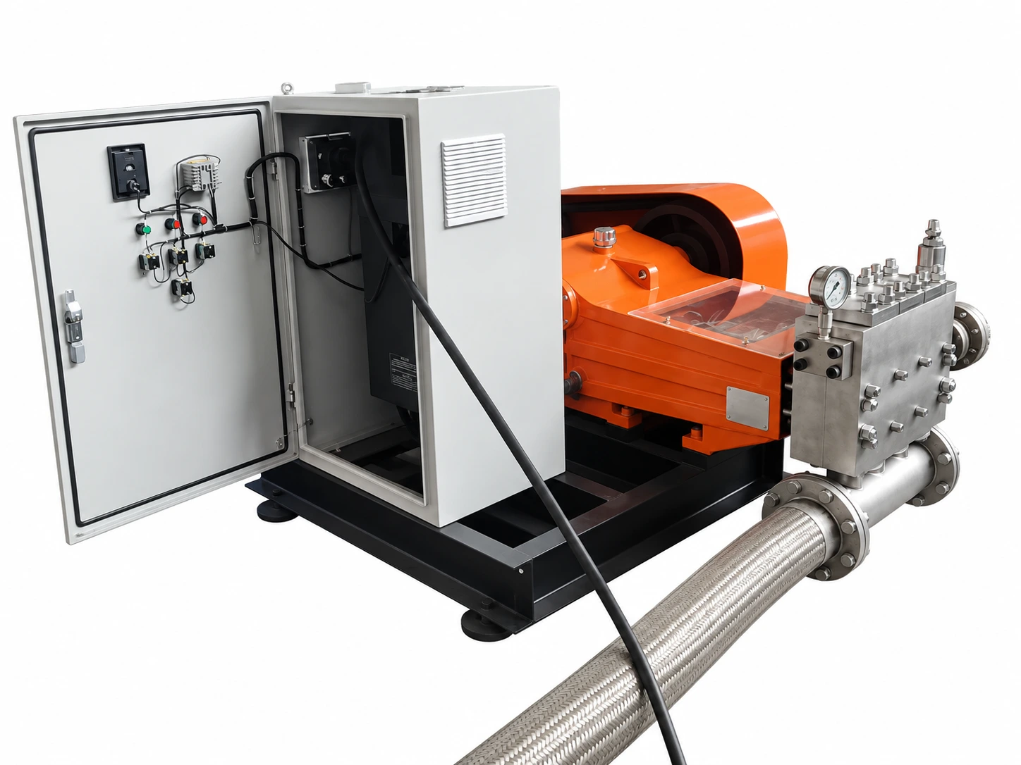 Illustrative pump and control cabinet arrangement based on a supplied photograph