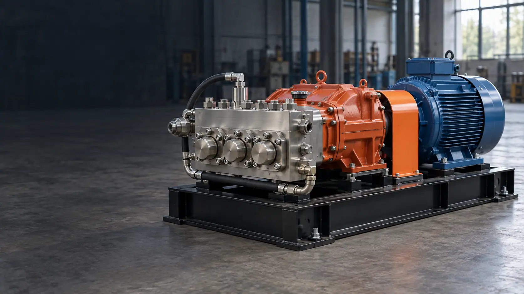AI-generated illustration of an orange plunger pump with a blue motor in an industrial setting