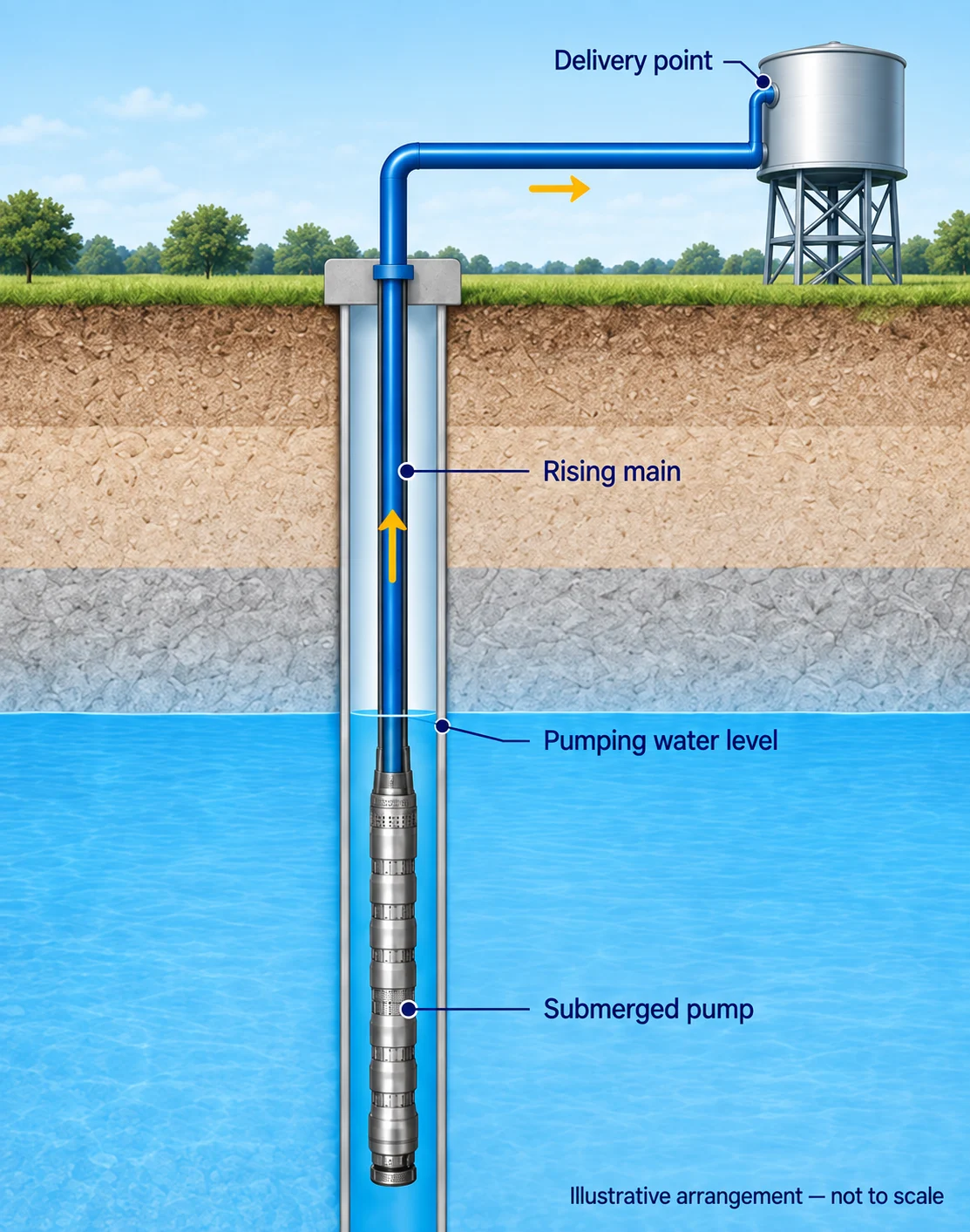 Illustrative borehole cutaway: a fully submerged pump sends water up a rising main to an above-ground delivery tank, with the pumping water level identified. Not to scale.