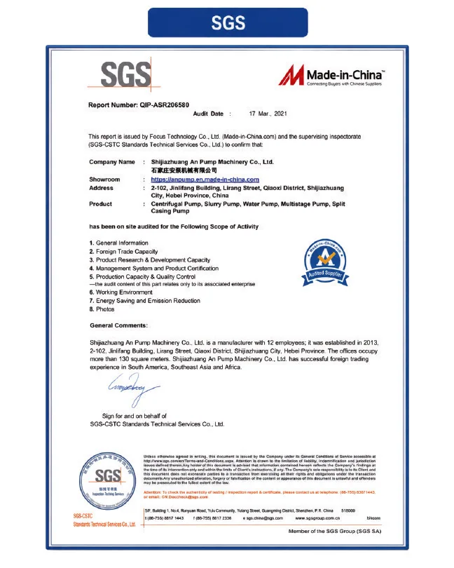 SGS supplier audit · 2021 document scan, Shijiazhuang An Pump Machinery Co., Ltd.
