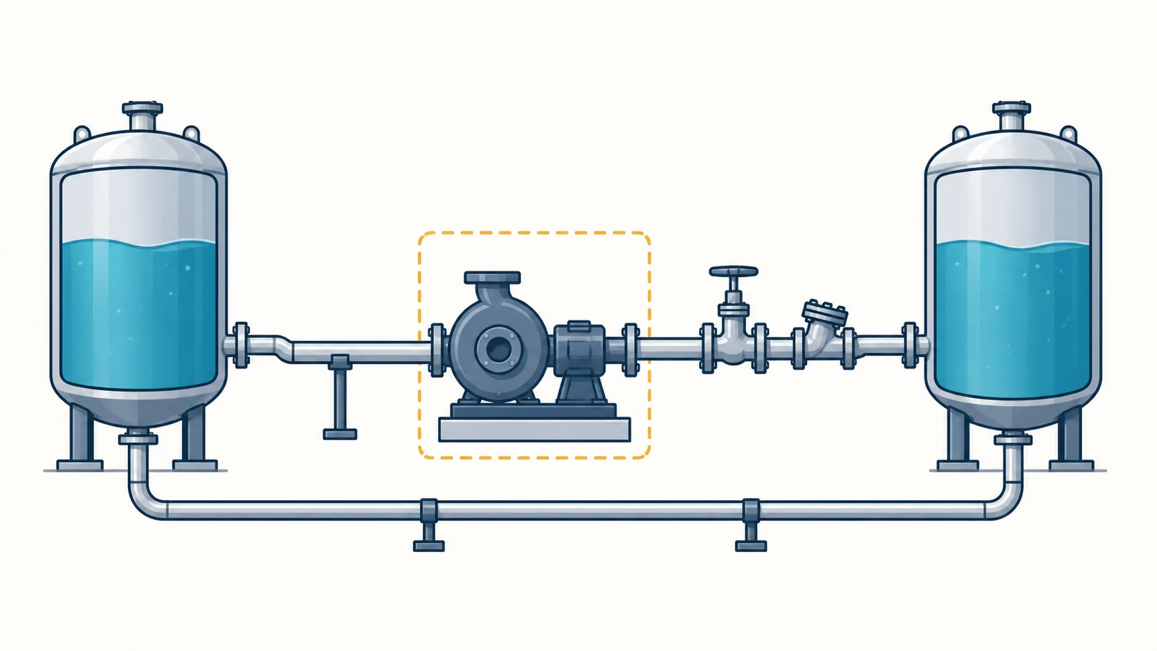 Conceptual illustration of liquid tanks, a pump and process pipework