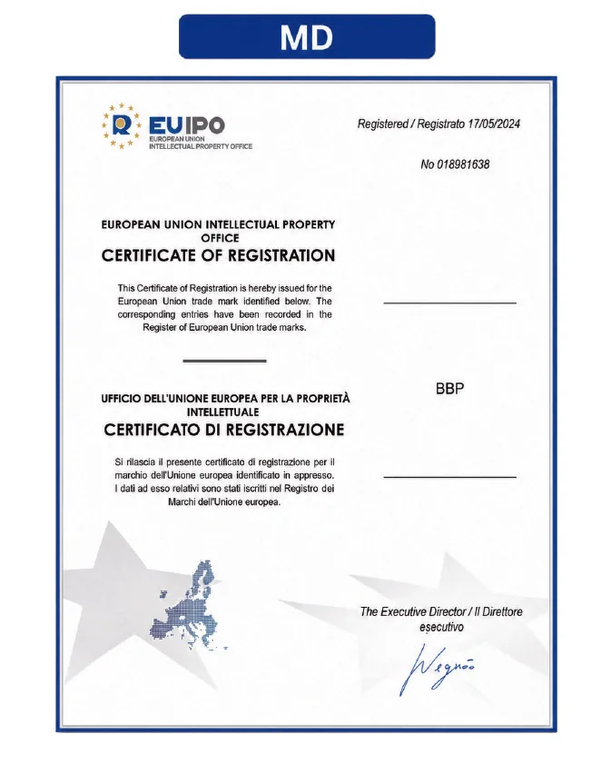 EU trademark record document scan, BBP word mark