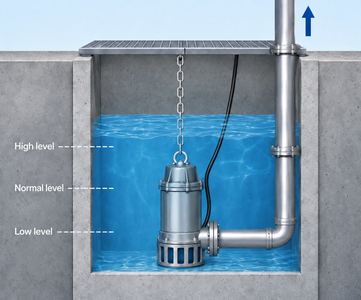 Application illustration of a fully submerged pump connected to a discharge riser