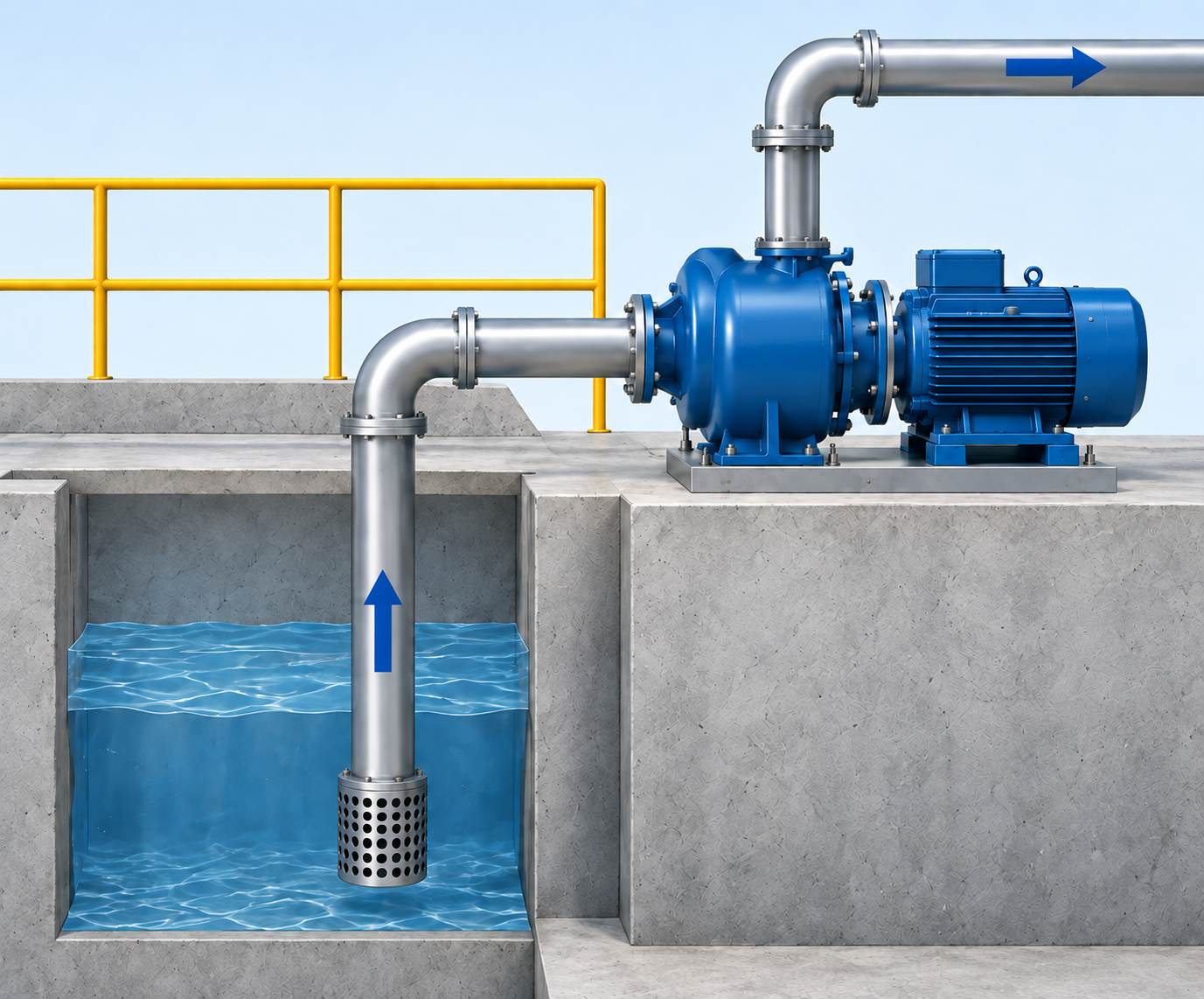 Application illustration of a dry-mounted self-priming pump with suction and discharge pipework