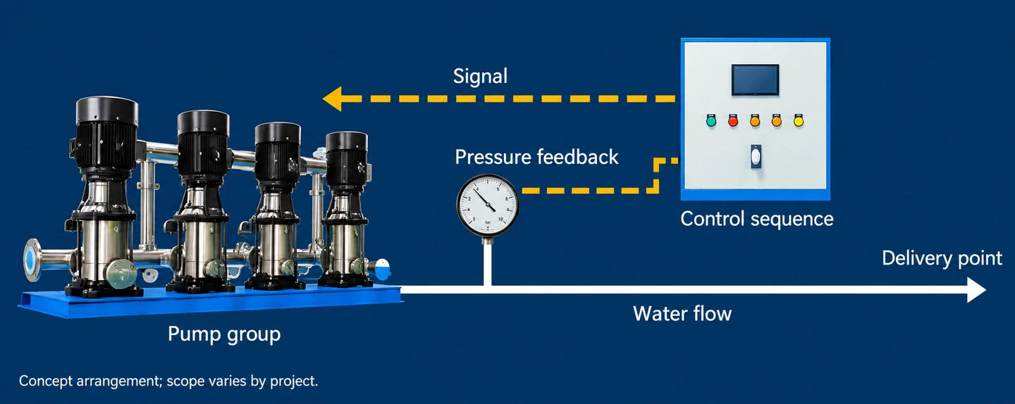 Functional control concept: water flows directly from pump group to delivery; pressure feedback and cabinet control use separate signal paths.