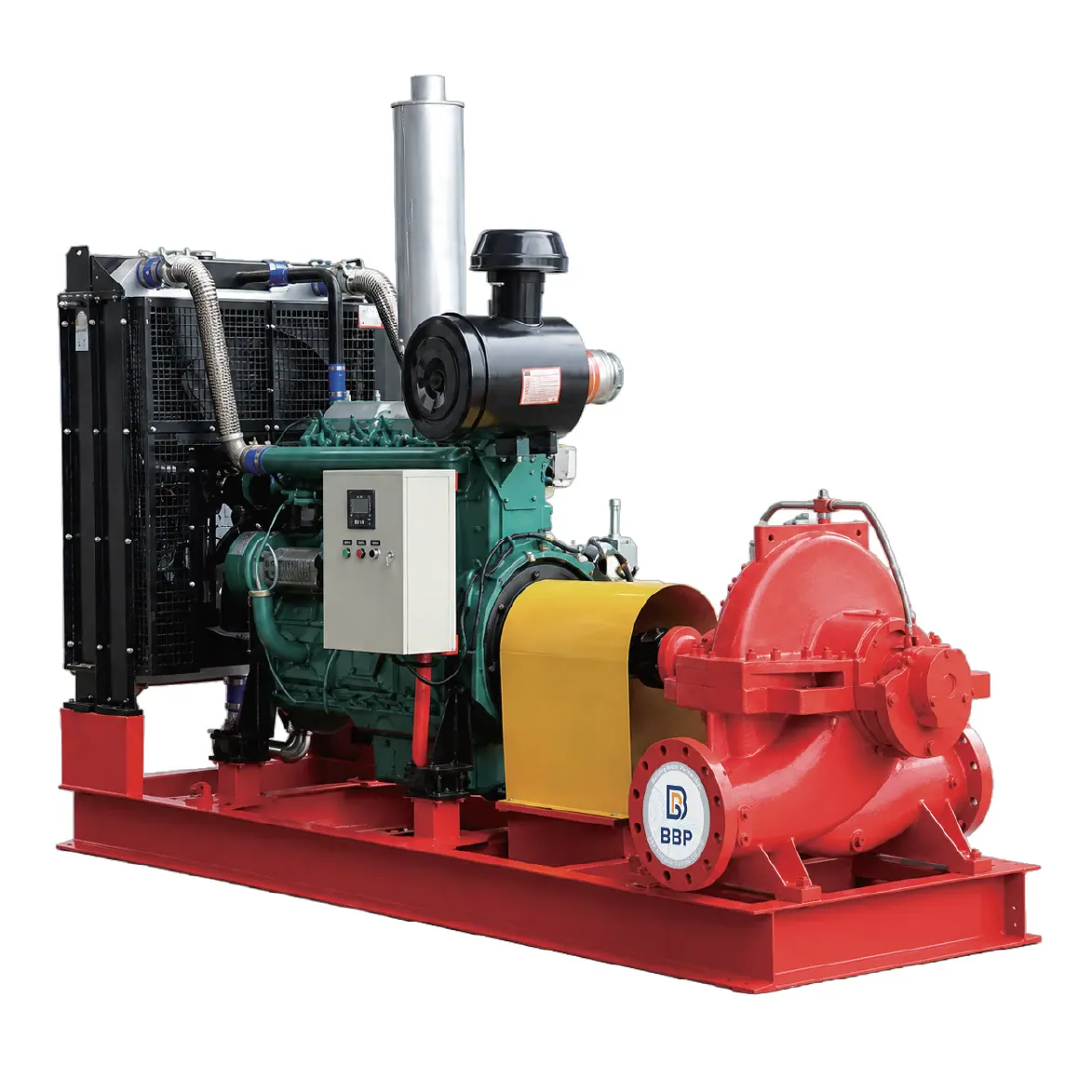 Diesel engine, radiator and red fire pump mounted on a common base