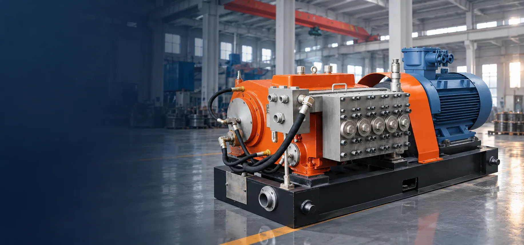 Illustration of orange high-pressure plunger pump set in an industrial workshop