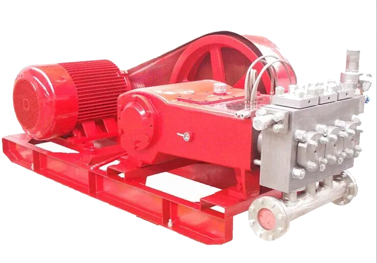 Original three-plunger pump photograph showing the fluid end, belt transmission, motor and common base