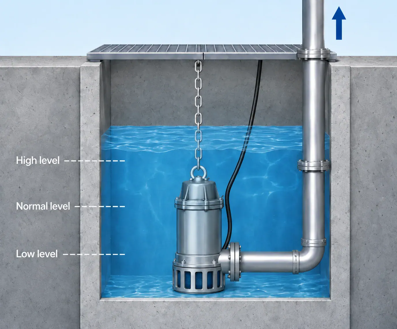 Application illustration of a fully submerged pump connected to a discharge riser