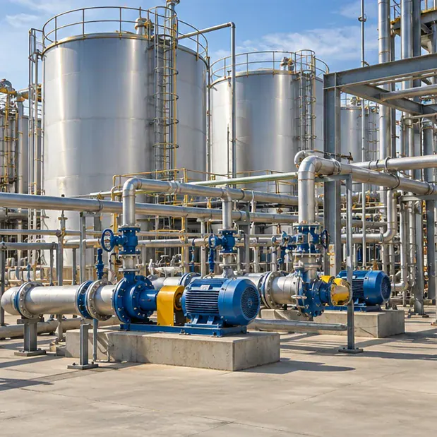 AI application illustration of a chemical tank farm with process pumps and transfer pipes