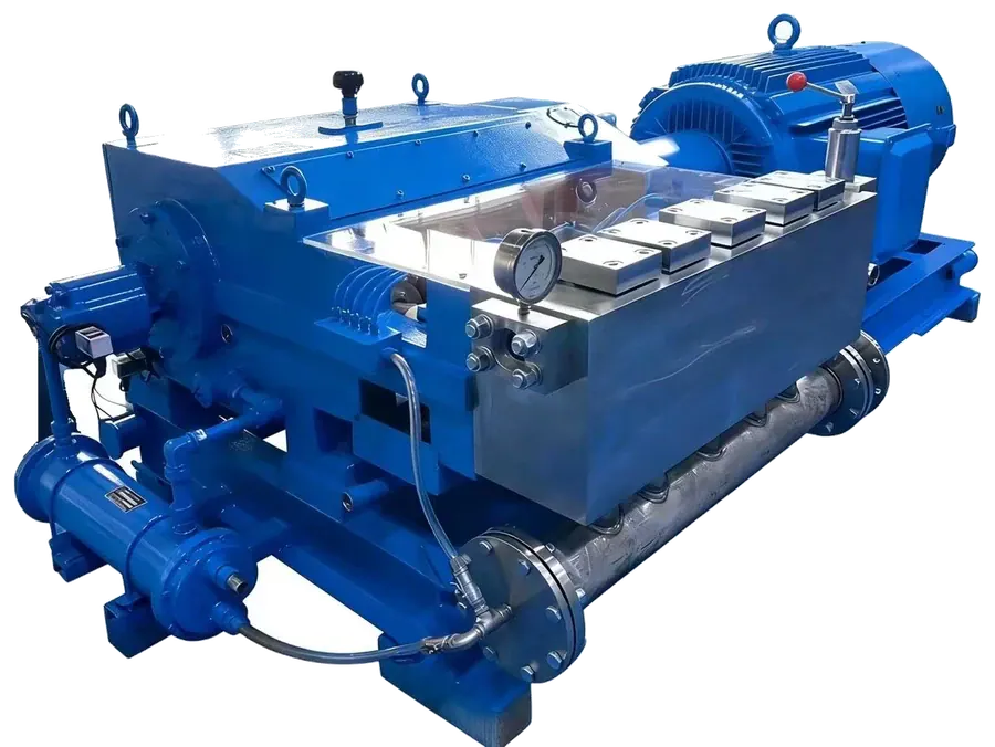 Original heavy reciprocating-pump family photograph with blue power end, liquid end and electric drive
