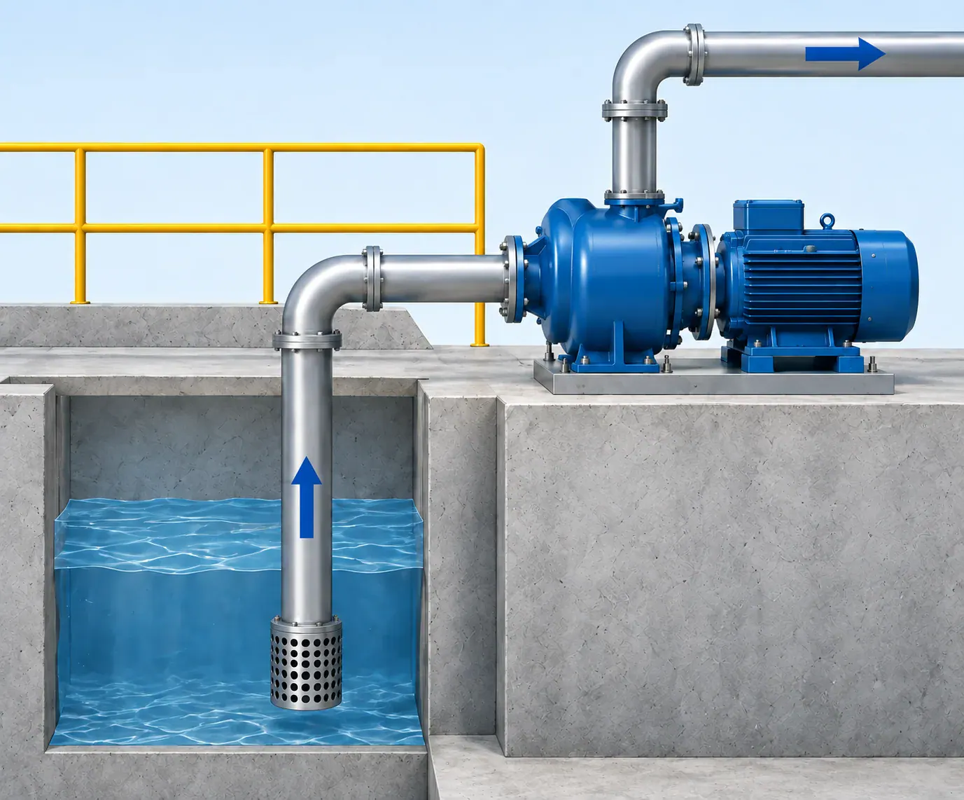 Application illustration of a dry-mounted self-priming pump with suction and discharge pipework