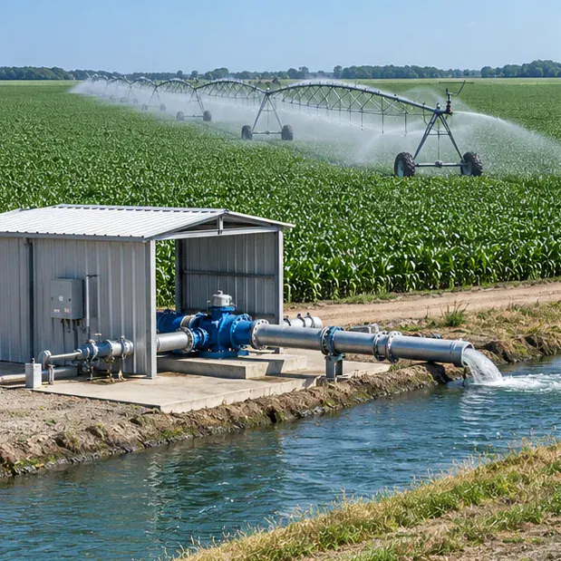 AI application illustration of irrigation sprinklers and water supply to crop fields