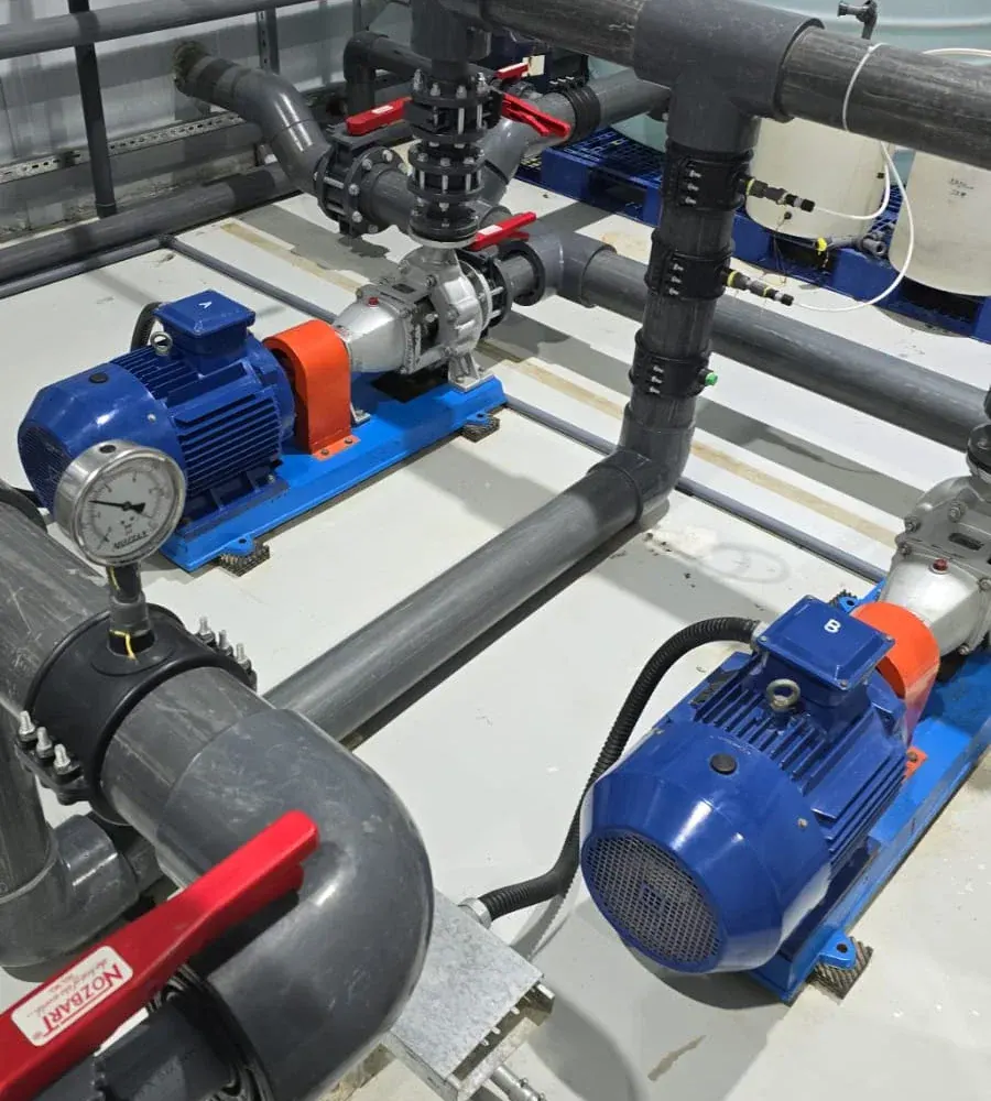 Water pump sets installed with connected headers and pipework