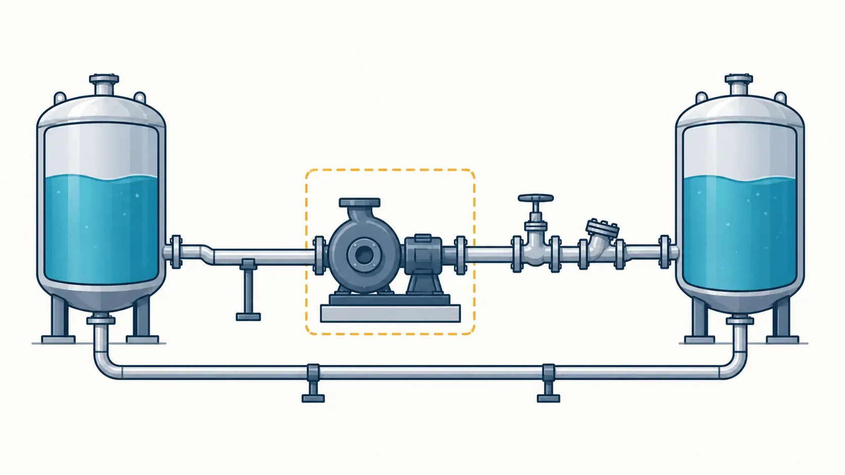 Conceptual illustration of liquid tanks, a pump and process pipework