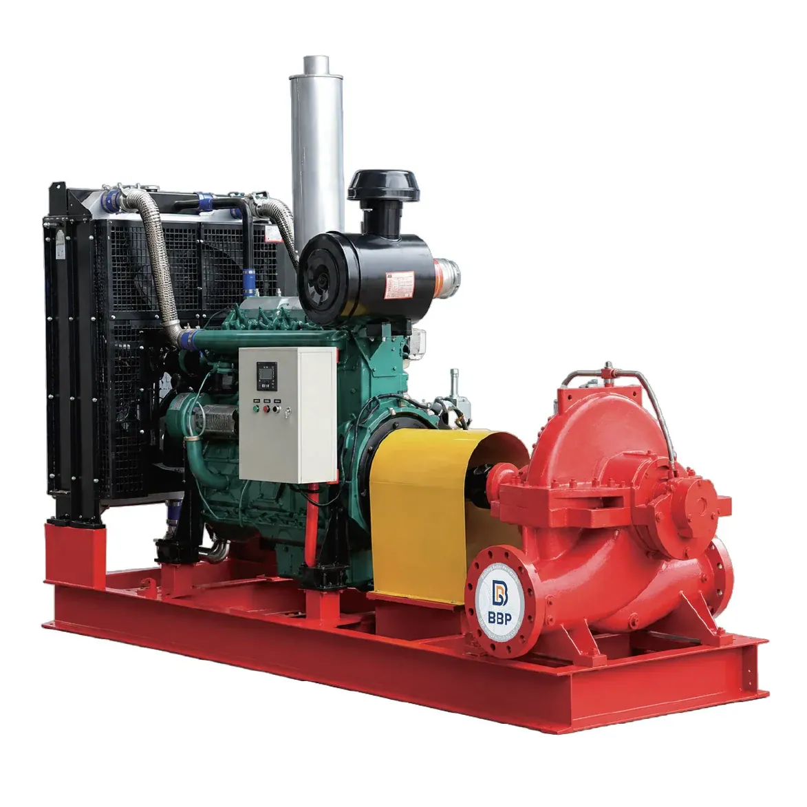 Diesel engine, radiator and red fire pump mounted on a common base