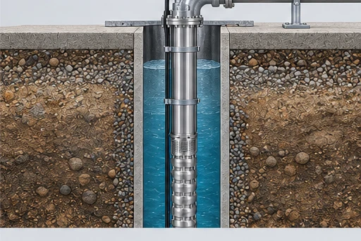 Deep-Well Submersible Pump: illustrative installation and drive arrangement