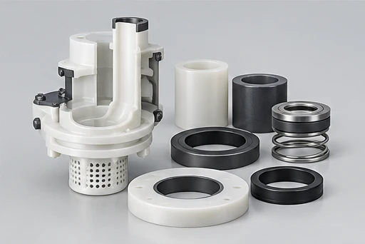 Fluoroplastic Sump Pump: illustrative wetted materials and sealing components