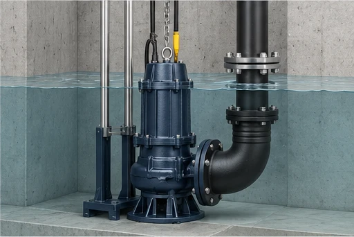 Submersible Sewage Pump: illustrative installation and drive arrangement