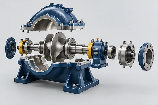 Double-Suction Split-Case Pump: illustrative pump assembly and construction