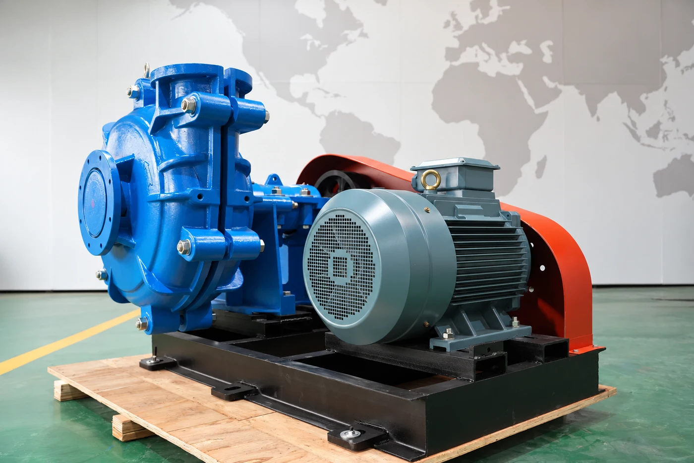 Illustration of a blue horizontal slurry pump and electric motor on a base frame