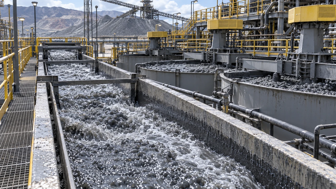 AI illustration of mineral-processing channels carrying slurry through an industrial plant