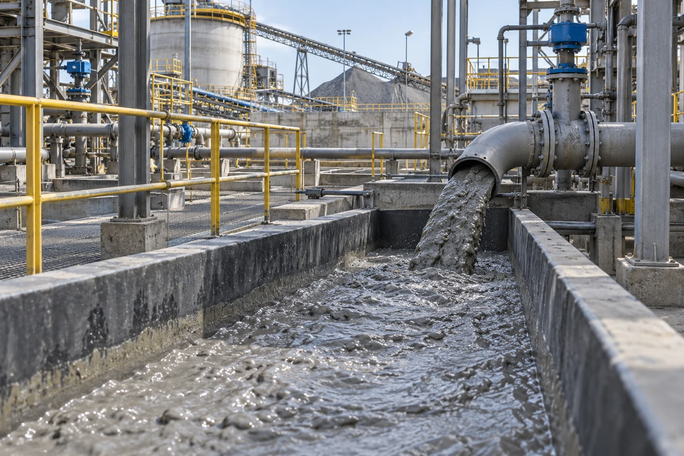 AI illustration of a pipe discharging slurry into a concrete channel at an industrial plant