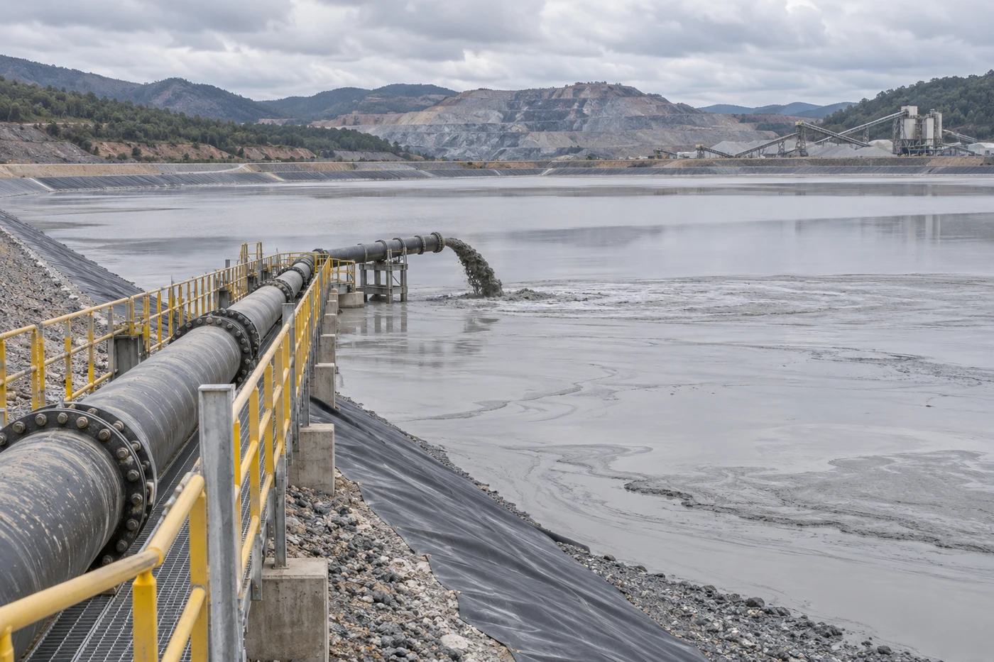 AI illustration of a tailings pipeline discharging slurry into a storage pond