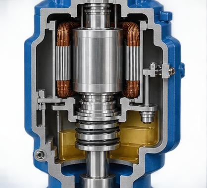 AI-generated non-dimensional motor, mechanical-seal and oil-chamber cutaway illustration